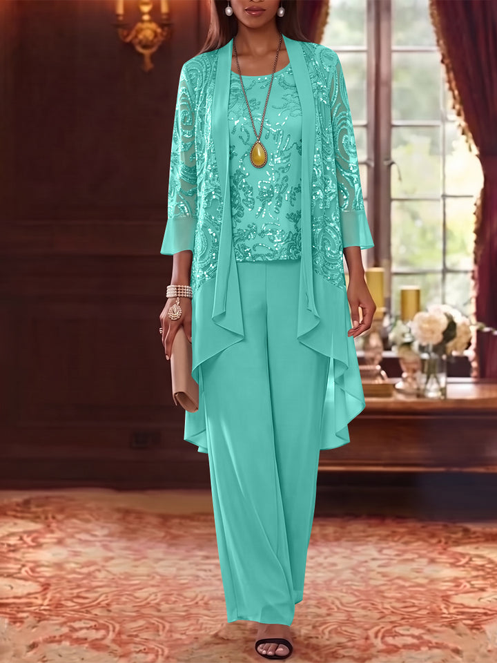 3 Pieces Scoop Chiffon Mother of the Bride Pantsuits with Jacket 3/4 Sleeves Ankle-Length Floral Sequins