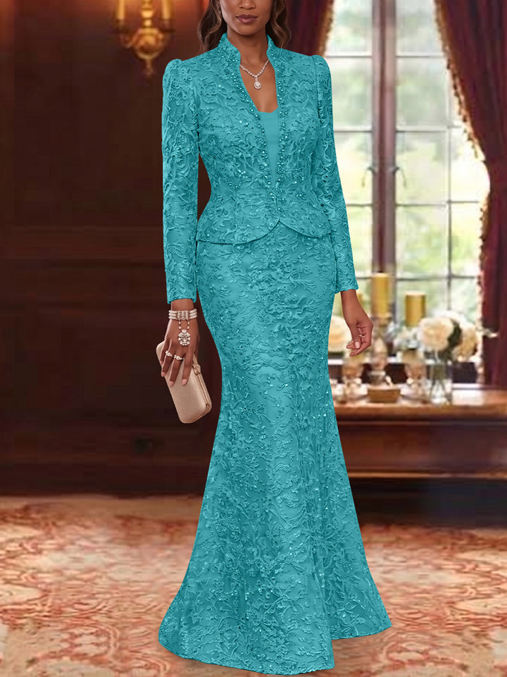 2 Pieces Trumpet/Mermaid V-Neck Lace Mother of the Bride Dresses with Jacket Long Sleeves Floor-Length Floral