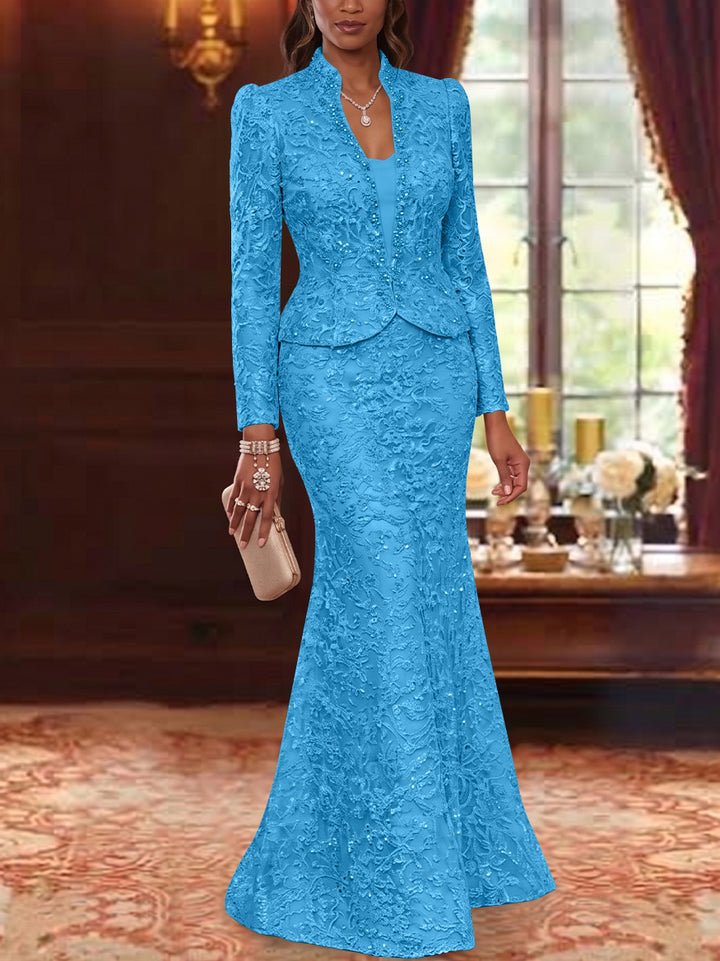 2 Pieces Trumpet/Mermaid V-Neck Lace Mother of the Bride Dresses with Jacket Long Sleeves Floor-Length Floral