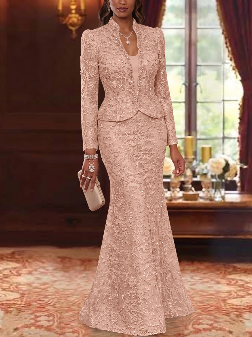 2 Pieces Trumpet/Mermaid V-Neck Lace Mother of the Bride Dresses with Jacket Long Sleeves Floor-Length Floral
