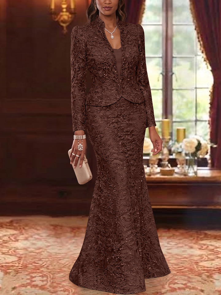 2 Pieces Trumpet/Mermaid V-Neck Lace Mother of the Bride Dresses with Jacket Long Sleeves Floor-Length Floral