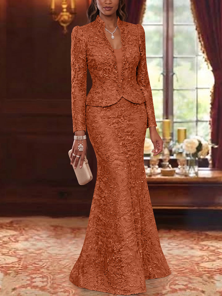 2 Pieces Trumpet/Mermaid V-Neck Lace Mother of the Bride Dresses with Jacket Long Sleeves Floor-Length Floral
