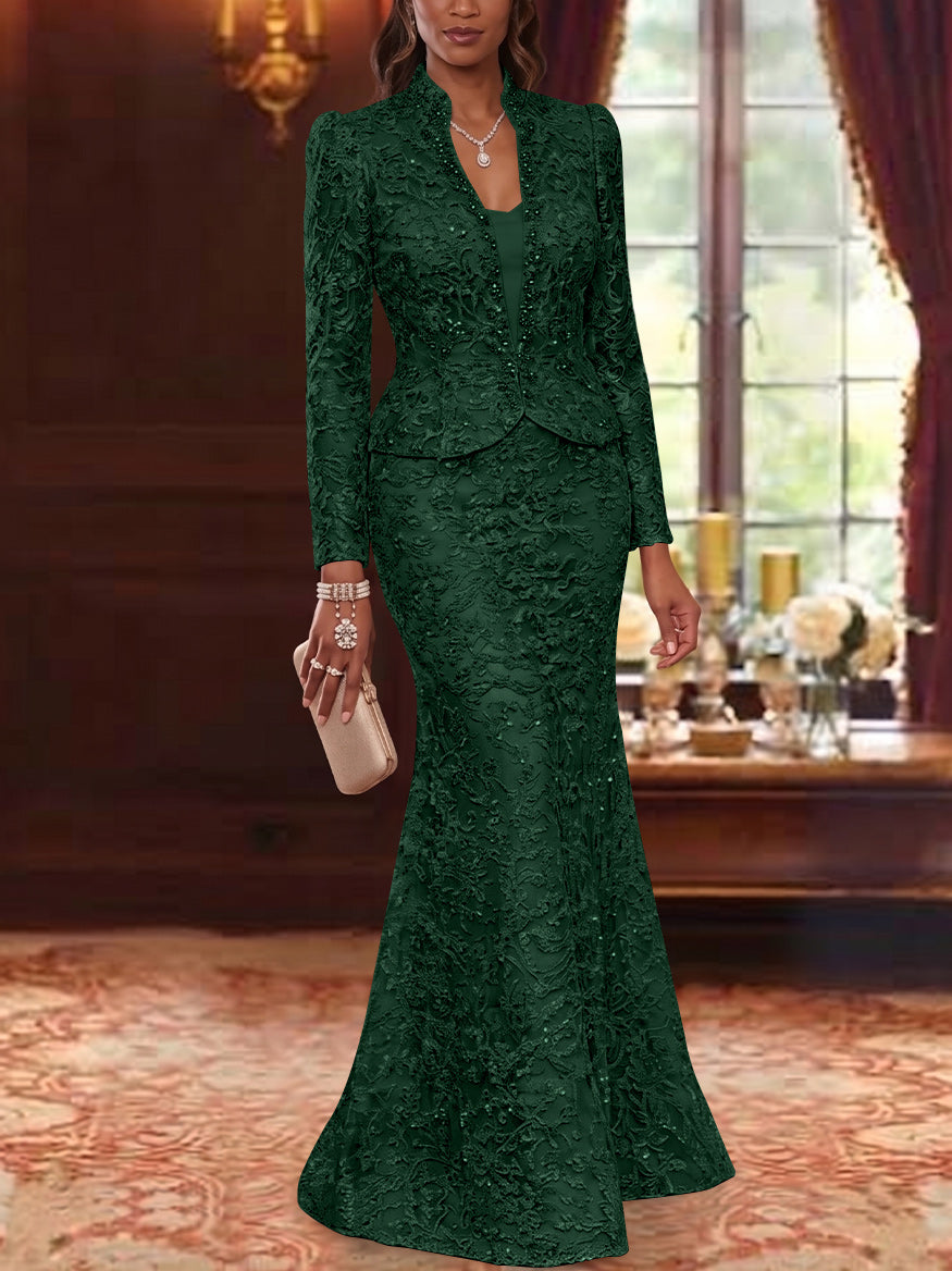2 Pieces Trumpet/Mermaid V-Neck Lace Mother of the Bride Dresses with Jacket Long Sleeves Floor-Length Floral