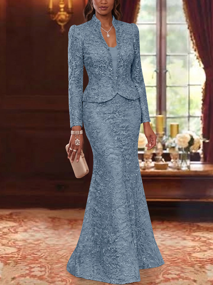 2 Pieces Trumpet/Mermaid V-Neck Lace Mother of the Bride Dresses with Jacket Long Sleeves Floor-Length Floral