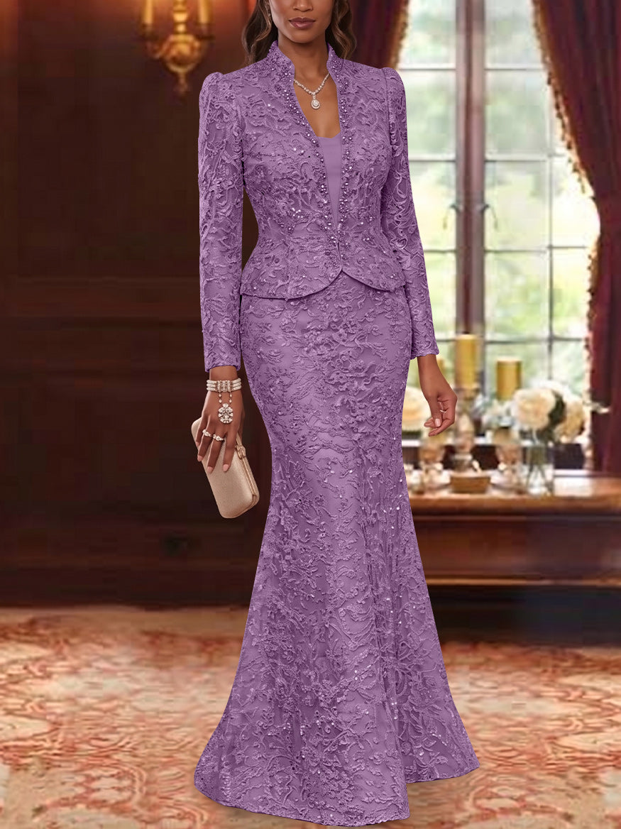 2 Pieces Trumpet/Mermaid V-Neck Lace Mother of the Bride Dresses with Jacket Long Sleeves Floor-Length Floral