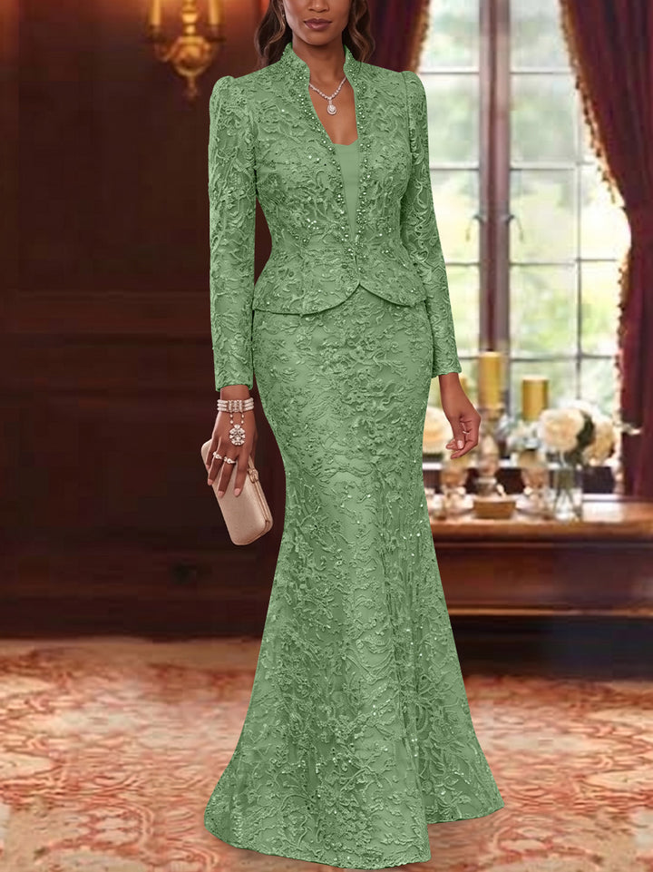 2 Pieces Trumpet/Mermaid V-Neck Lace Mother of the Bride Dresses with Jacket Long Sleeves Floor-Length Floral