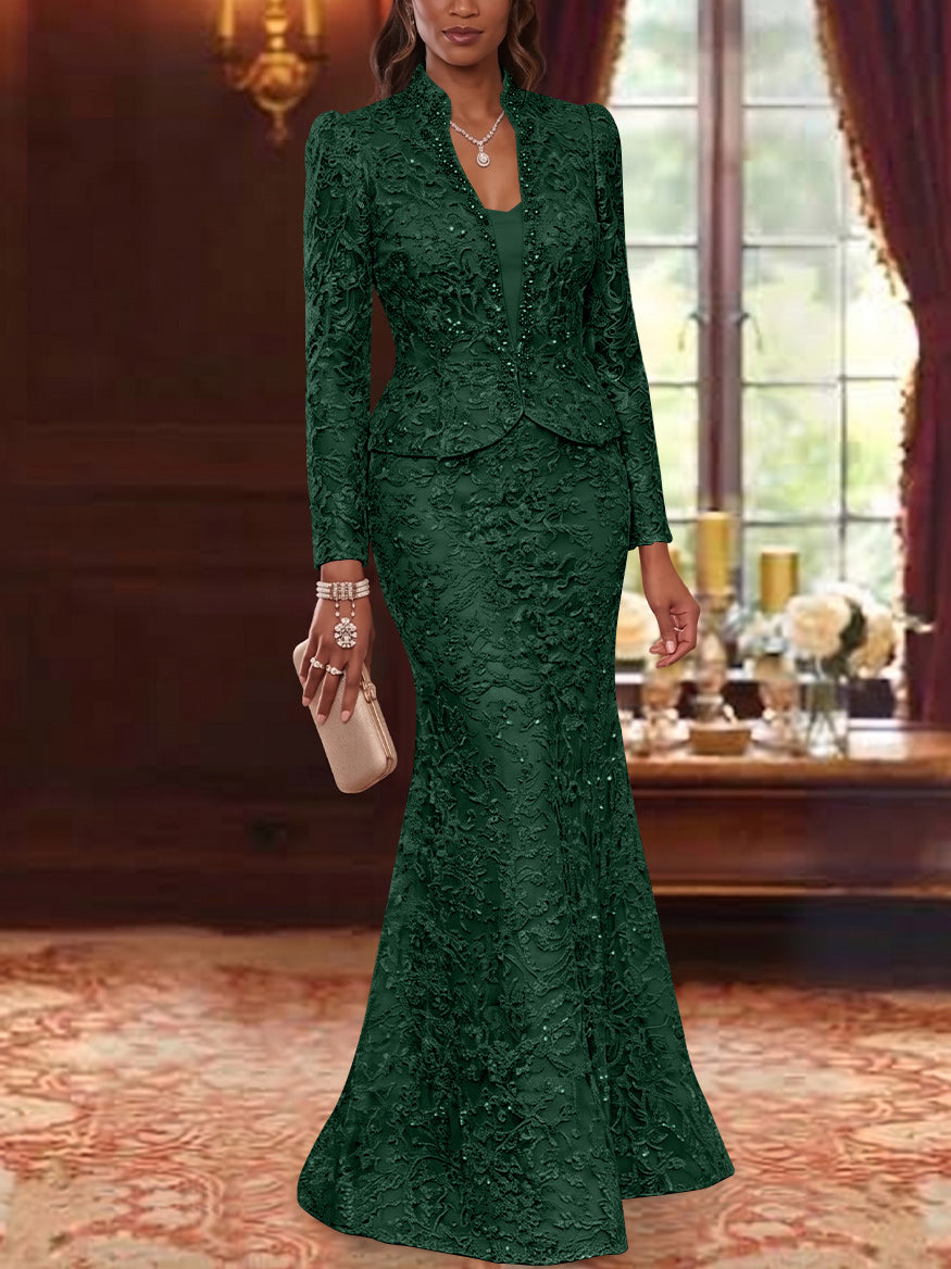 2 Pieces Trumpet/Mermaid V-Neck Lace Mother of the Bride Dresses with Jacket Long Sleeves Floor-Length Floral