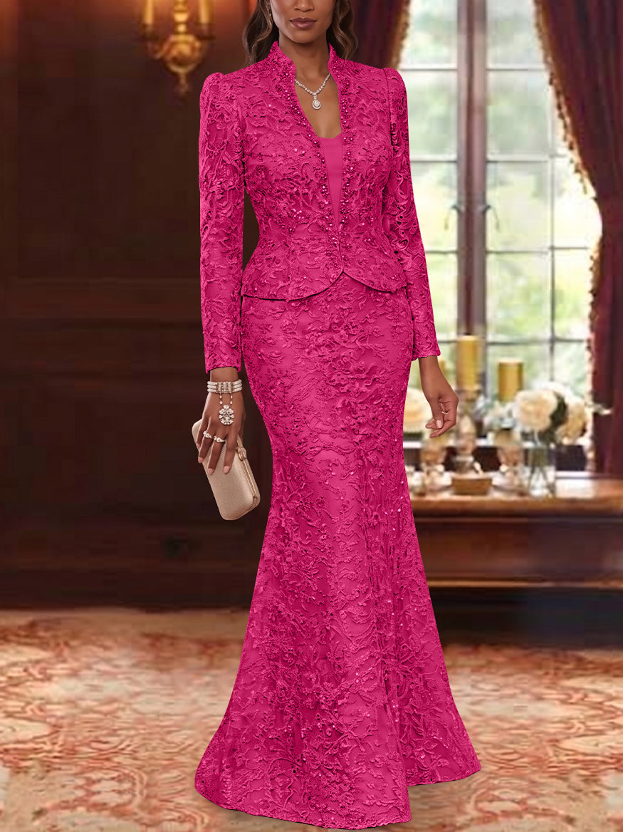 2 Pieces Trumpet/Mermaid V-Neck Lace Mother of the Bride Dresses with Jacket Long Sleeves Floor-Length Floral