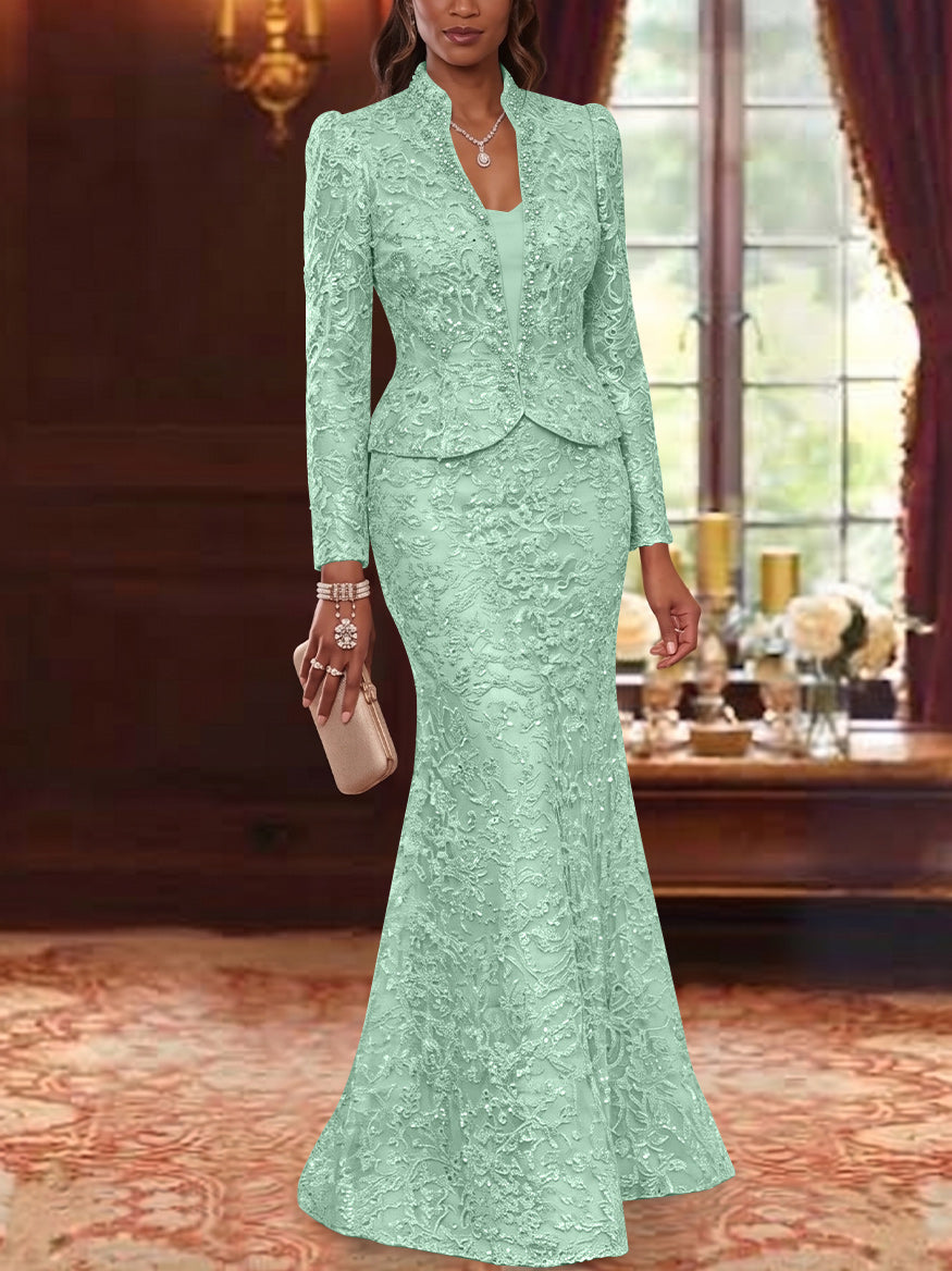 2 Pieces Trumpet/Mermaid V-Neck Lace Mother of the Bride Dresses with Jacket Long Sleeves Floor-Length Floral