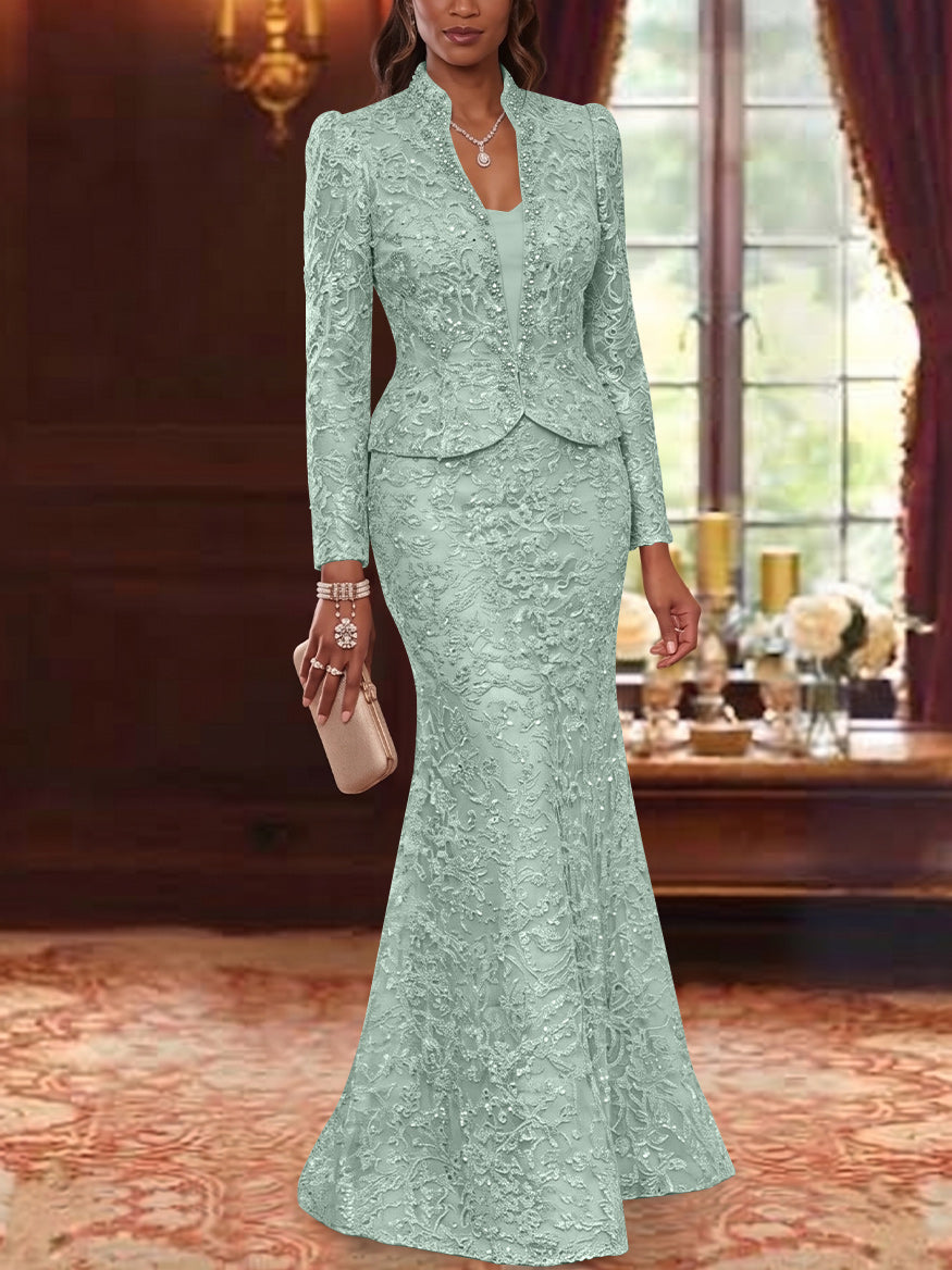 2 Pieces Trumpet/Mermaid V-Neck Lace Mother of the Bride Dresses with Jacket Long Sleeves Floor-Length Floral