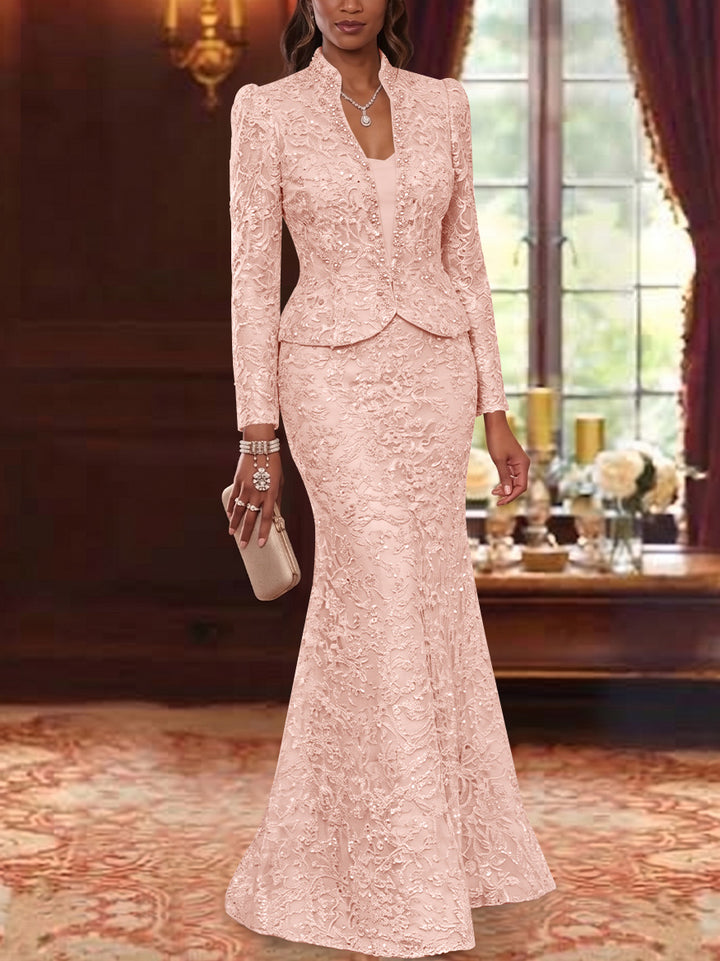 2 Pieces Trumpet/Mermaid V-Neck Lace Mother of the Bride Dresses with Jacket Long Sleeves Floor-Length Floral