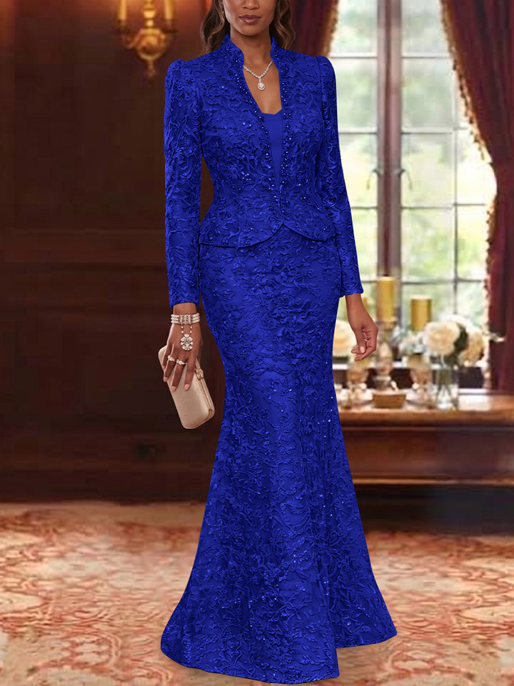 2 Pieces Trumpet/Mermaid V-Neck Lace Mother of the Bride Dresses with Jacket Long Sleeves Floor-Length Floral