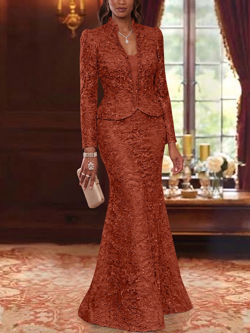 2 Pieces Trumpet/Mermaid V-Neck Lace Mother of the Bride Dresses with Jacket Long Sleeves Floor-Length Floral