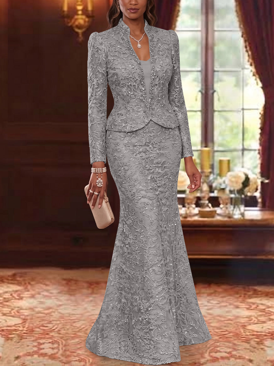 2 Pieces Trumpet/Mermaid V-Neck Lace Mother of the Bride Dresses with Jacket Long Sleeves Floor-Length Floral