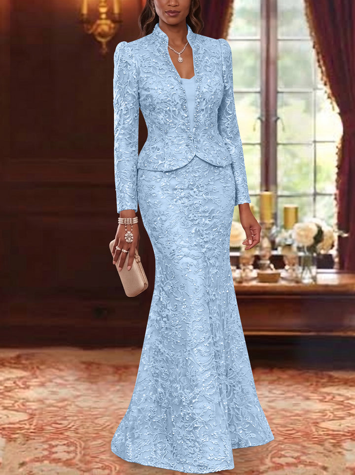 2 Pieces Trumpet/Mermaid V-Neck Lace Mother of the Bride Dresses with Jacket Long Sleeves Floor-Length Floral