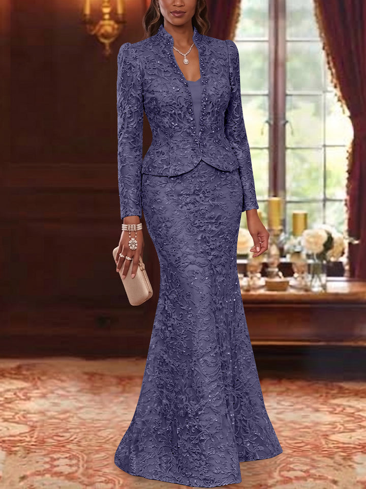 2 Pieces Trumpet/Mermaid V-Neck Lace Mother of the Bride Dresses with Jacket Long Sleeves Floor-Length Floral