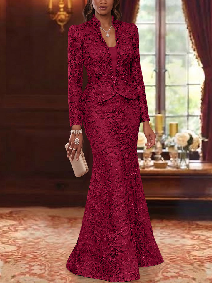 2 Pieces Trumpet/Mermaid V-Neck Lace Mother of the Bride Dresses with Jacket Long Sleeves Floor-Length Floral