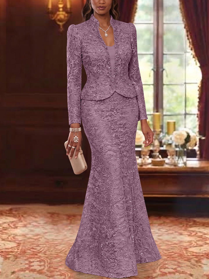 2 Pieces Trumpet/Mermaid V-Neck Lace Mother of the Bride Dresses with Jacket Long Sleeves Floor-Length Floral