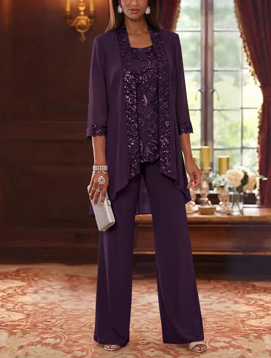 3 Pieces Scoop Chiffon Mother of the Bride Pantsuits with Jacket 3/4 Sleeves Ankle-Length Floral Sequins