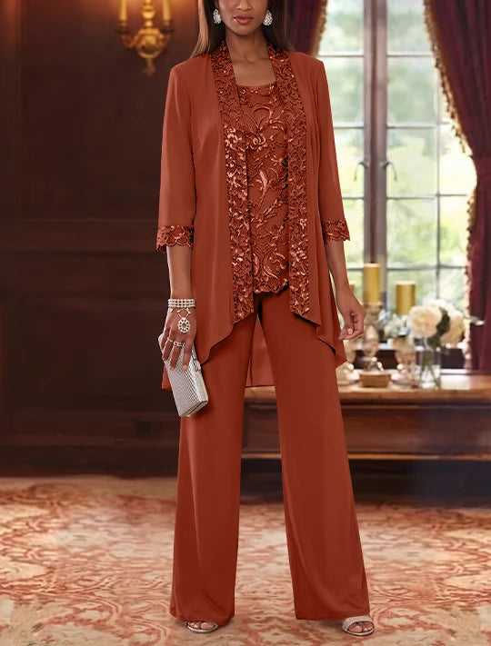3 Pieces Scoop Chiffon Mother of the Bride Pantsuits with Jacket 3/4 Sleeves Ankle-Length Floral Sequins