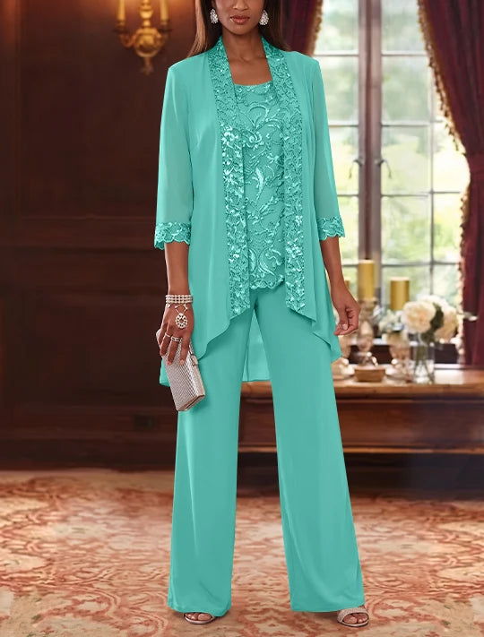 3 Pieces Scoop Chiffon Mother of the Bride Pantsuits with Jacket 3/4 Sleeves Ankle-Length Floral Sequins