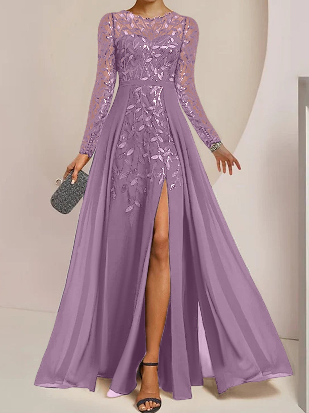 A-Line/Princess Scoop Floor-Length Mother of the Bride Dresses with Split Side Ruffles Sequins