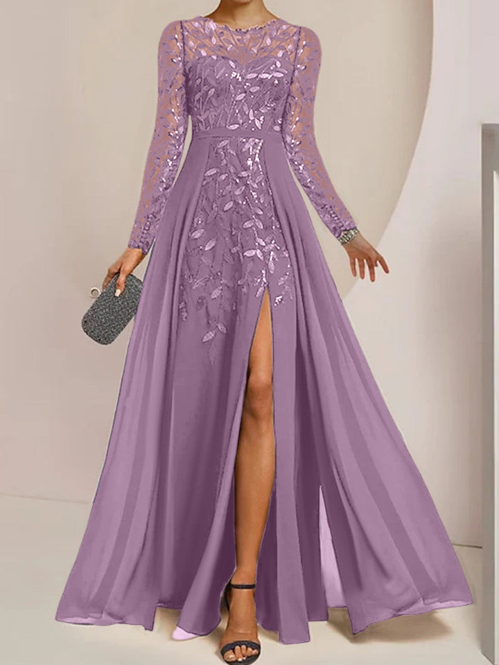 A-Line/Princess Scoop Long Sleeves Floor-Length Mother of the Bride Dresses with Split Side, Ruffles & Sequins