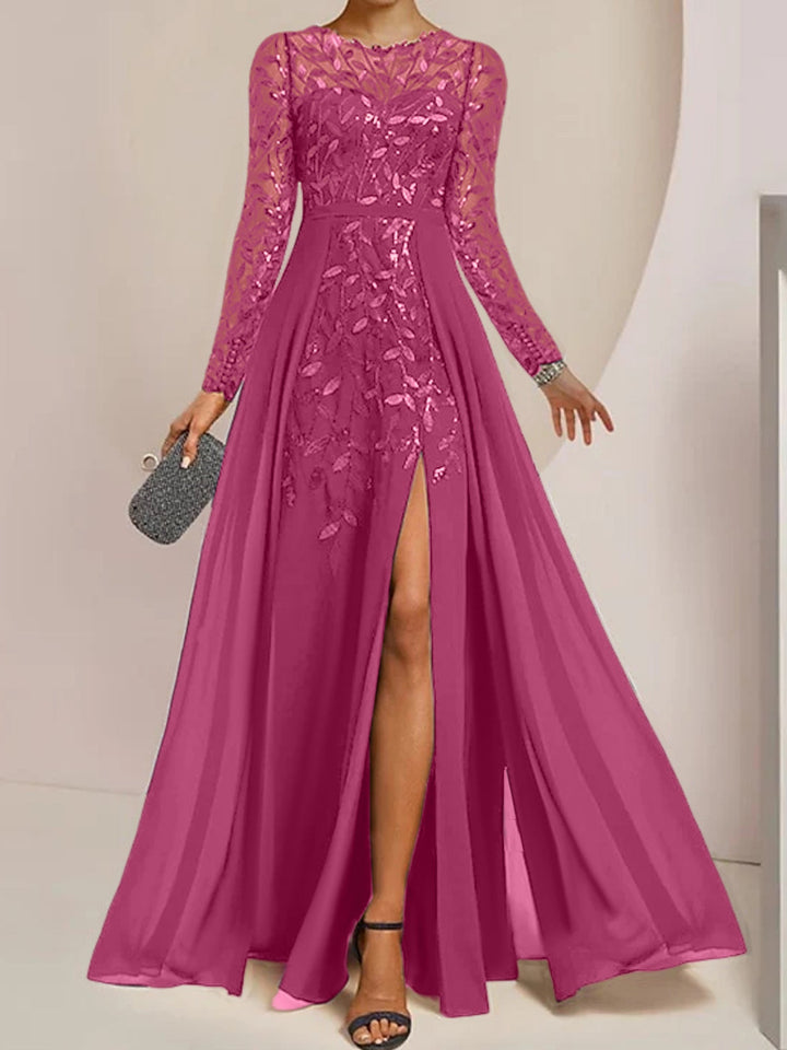 A-Line/Princess Scoop Long Sleeves Floor-Length Mother of the Bride Dresses with Split Side, Ruffles & Sequins