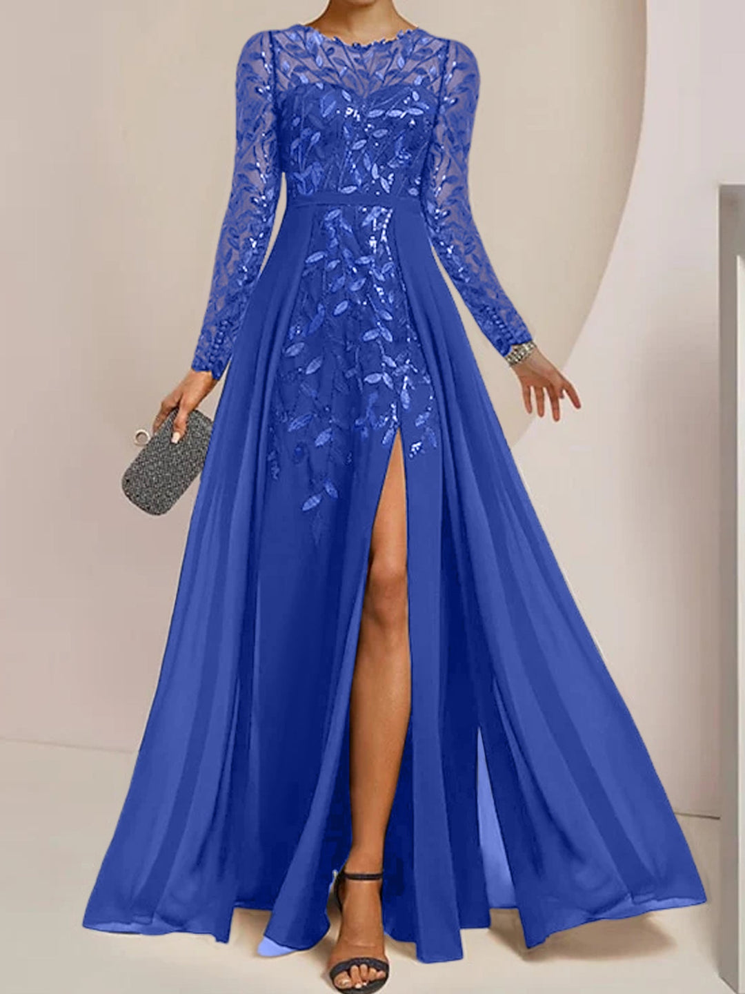 A-Line/Princess Scoop Long Sleeves Floor-Length Mother of the Bride Dresses with Split Side, Ruffles & Sequins