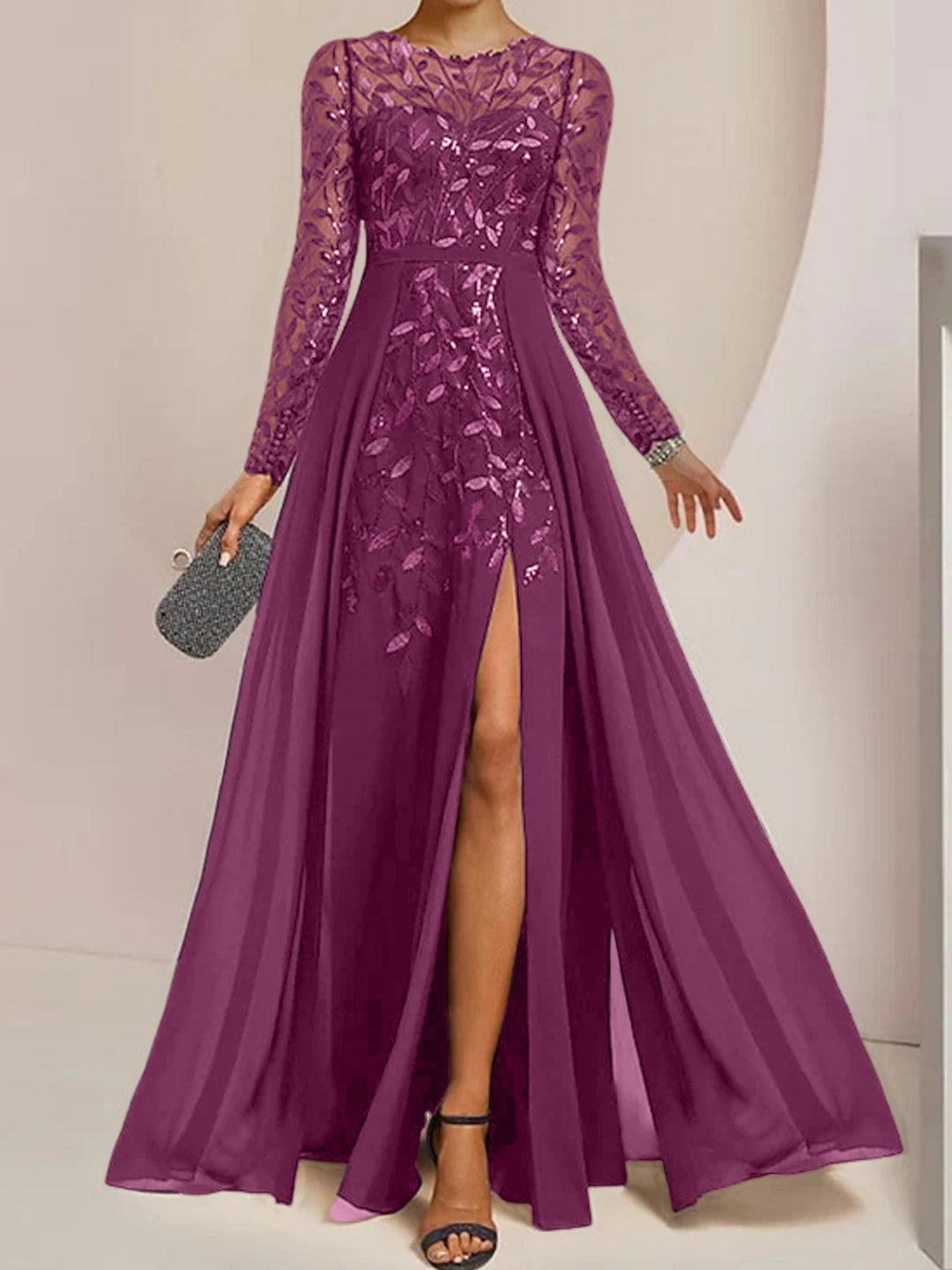 A-Line/Princess Scoop Long Sleeves Floor-Length Mother of the Bride Dresses with Split Side, Ruffles & Sequins