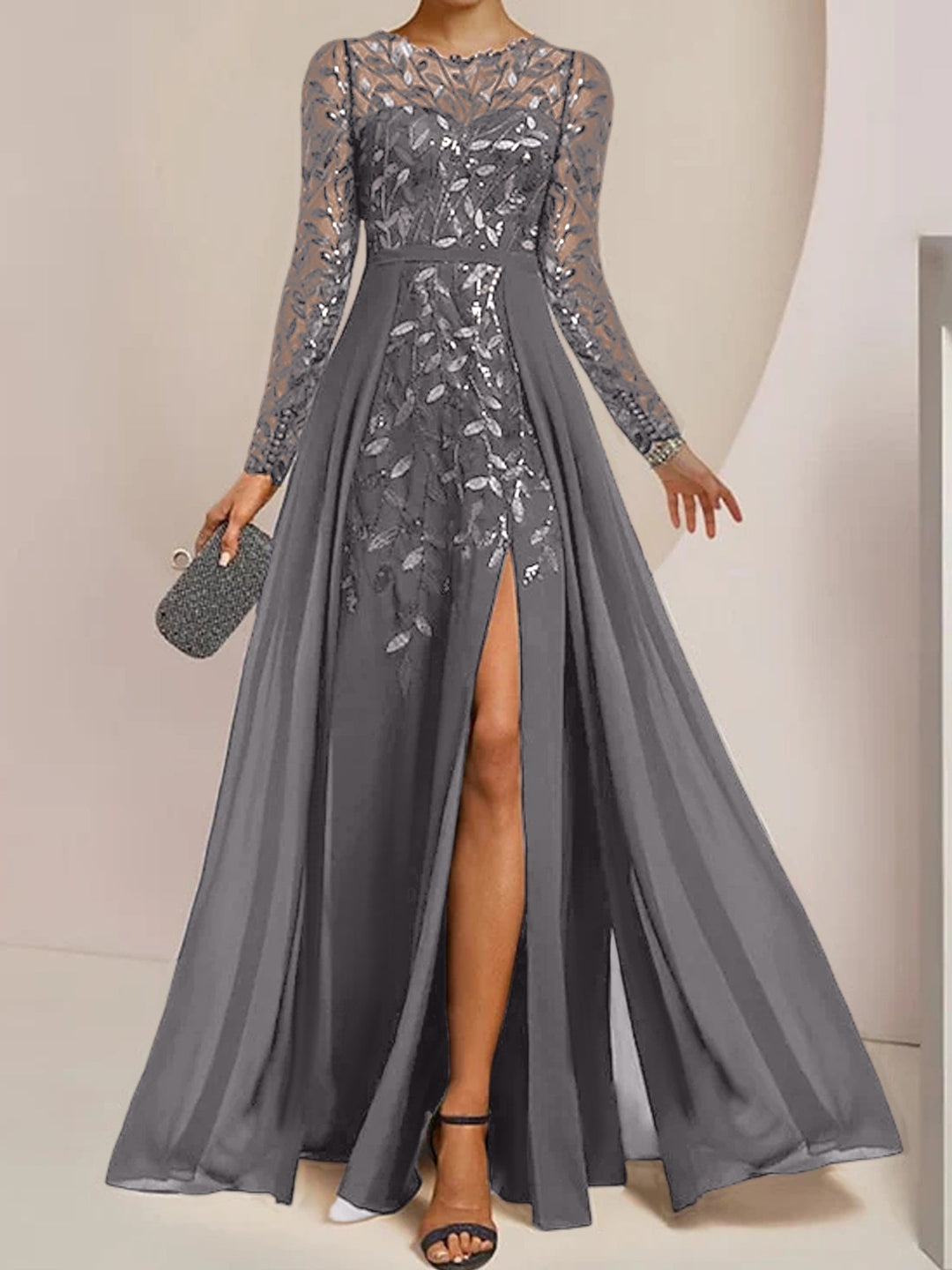 A-Line/Princess Scoop Floor-Length Mother of the Bride Dresses with Split Side Ruffles Sequins