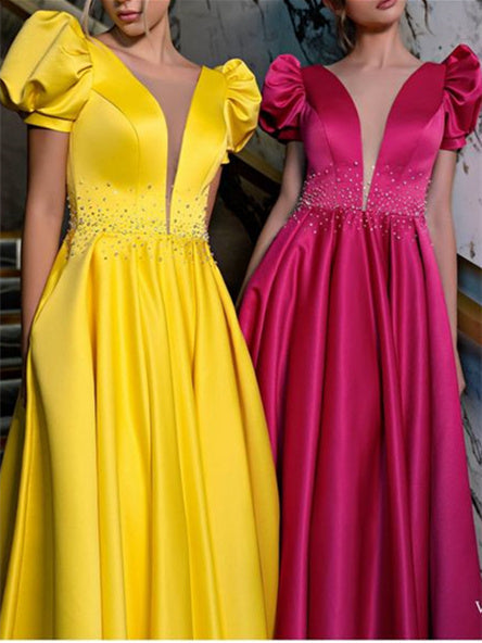 A-Line/Princess V-Neck Floor-length Prom Dresses