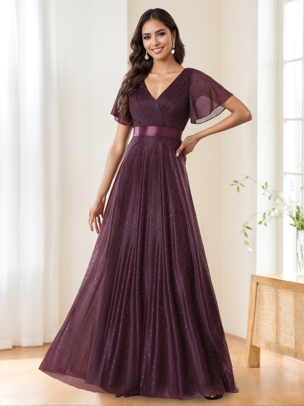 A-Line/Princess V-Neck Short Sleeves Floor Length Sparkling Elegant Evening Dresses