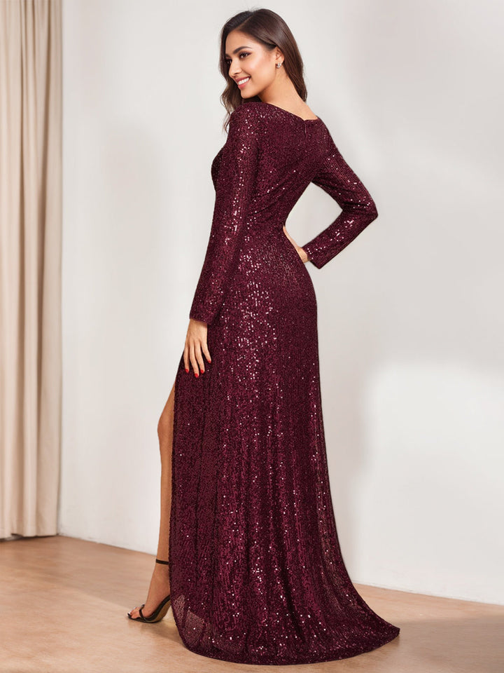 A-Line/Princess V-Neck Long Sleeves Asymmetrical Evening Dresses with Sequins