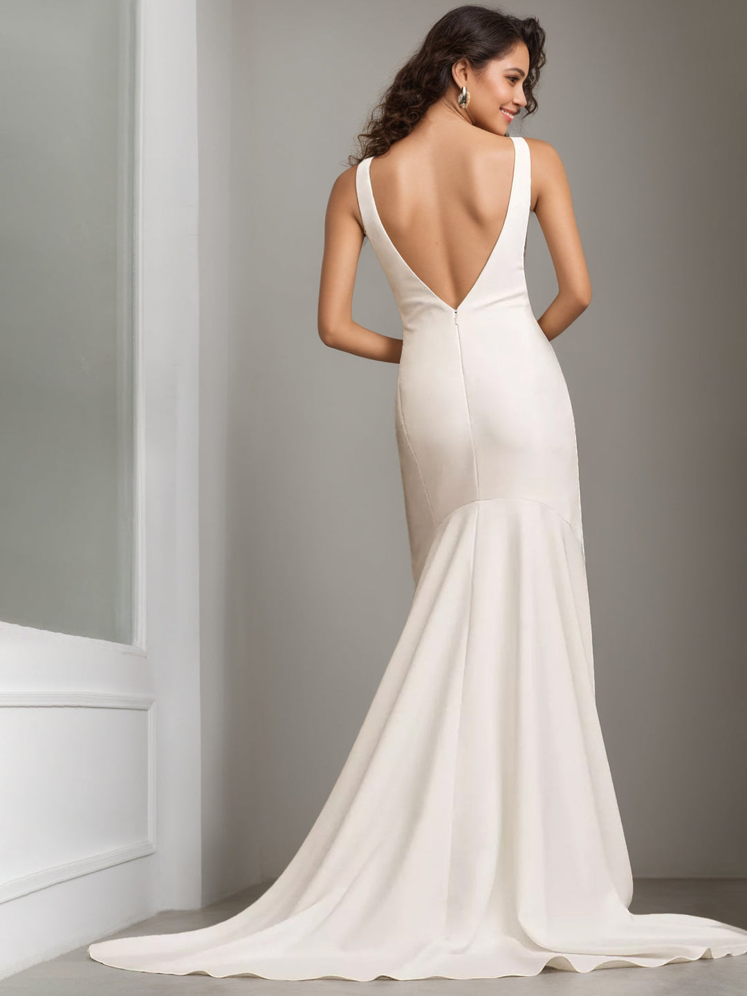 Sheath/Column High Neck Sleeveless Floor Length Minimalist Elegant Wedding Dresses