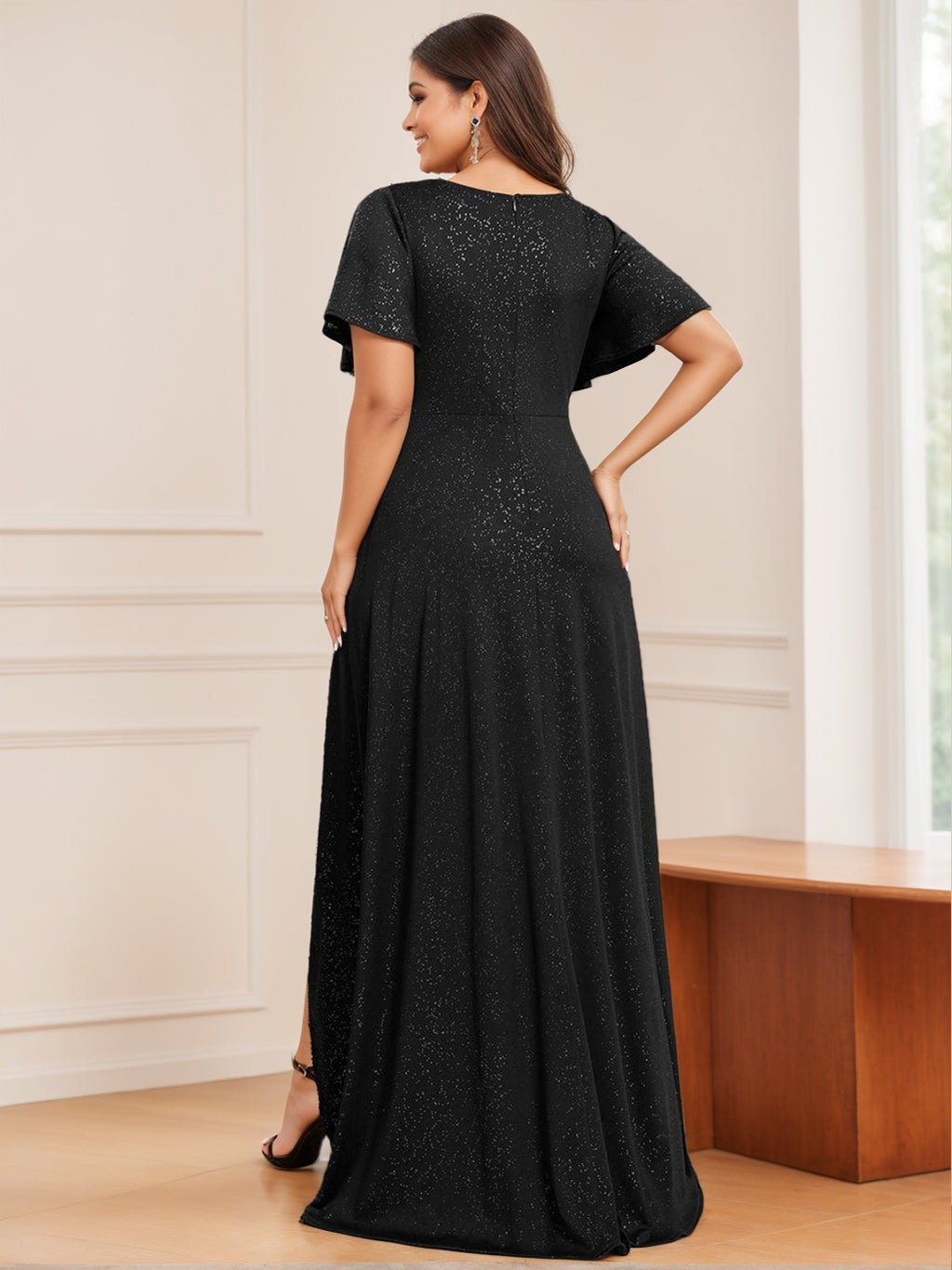 A-Line/Princess V-Neck Short Sleeves Asymmetrical Evening Dresses with Ruffle