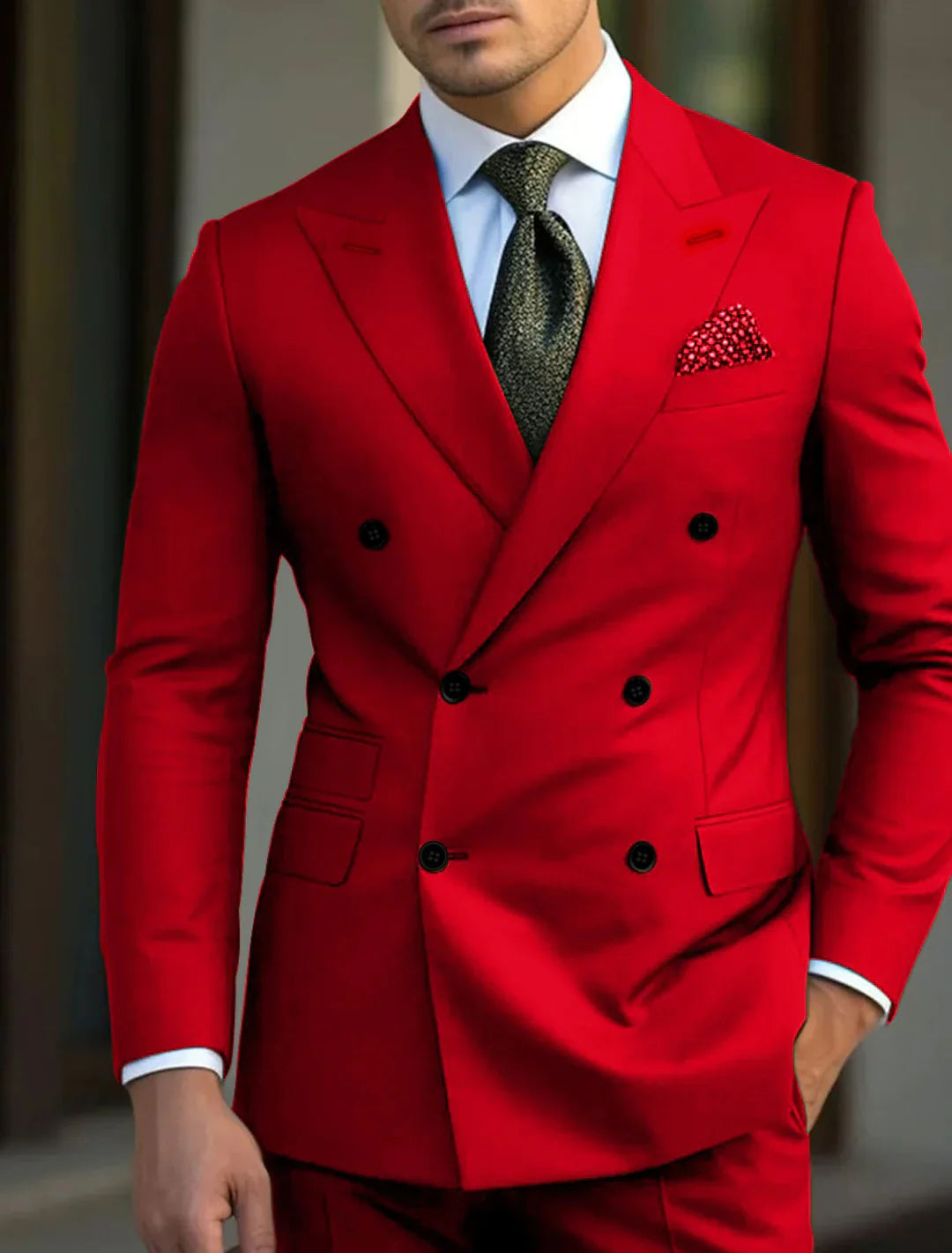 Men's Tailored Fit Double Breasted Six-buttons 2 Pieces Solid Coloured Wedding Suits