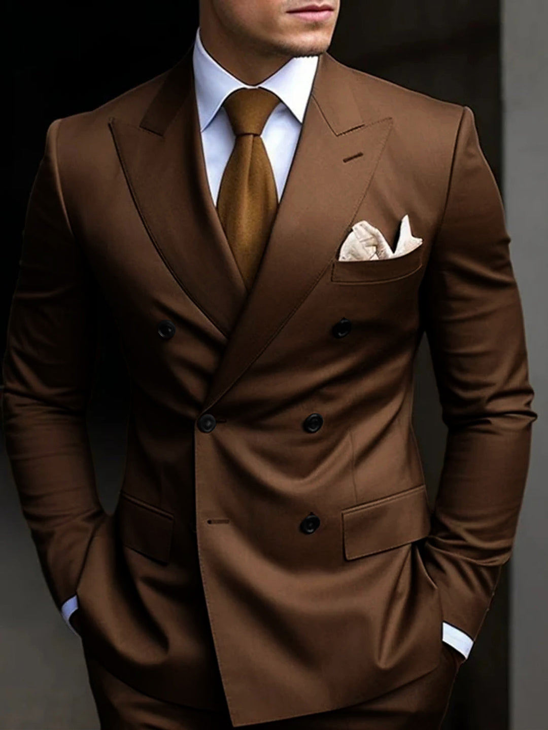 Men's Tailored Fit Double Breasted Six-buttons 2 Pieces Solid Coloured Wedding Suits