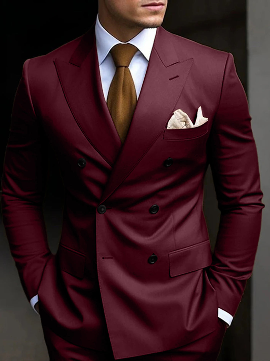Men's Tailored Fit Double Breasted Six-buttons 2 Pieces Solid Coloured Wedding Suits