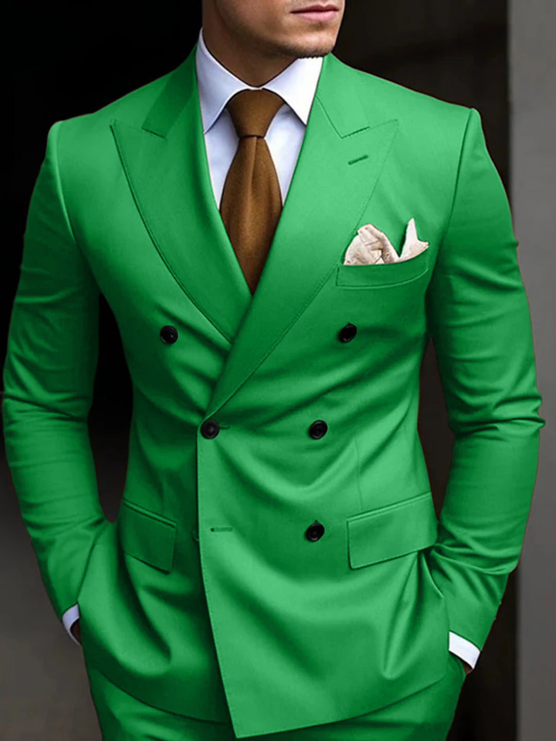 Men's Tailored Fit Double Breasted Six-buttons 2 Pieces Solid Coloured Wedding Suits