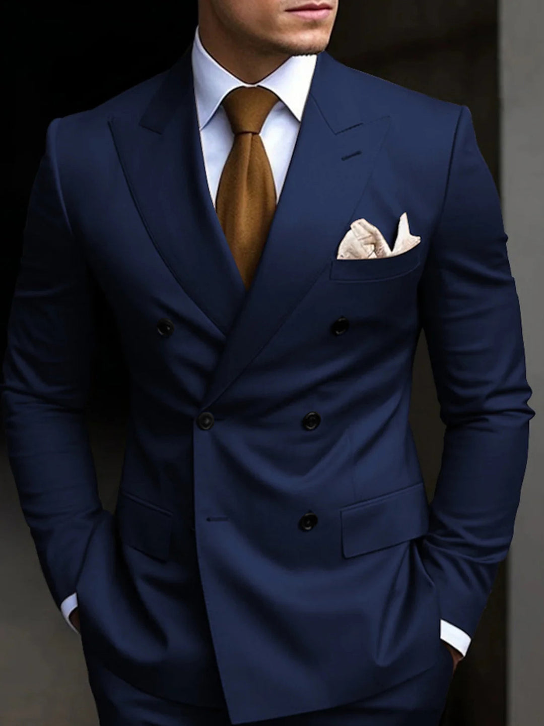 Men's Tailored Fit Double Breasted Six-buttons 2 Pieces Solid Coloured Wedding Suits