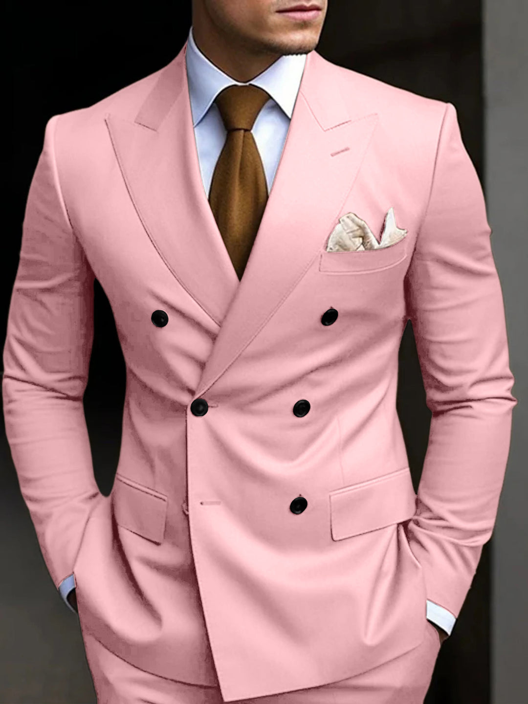 Men's Tailored Fit Double Breasted Six-buttons 2 Pieces Solid Coloured Wedding Suits