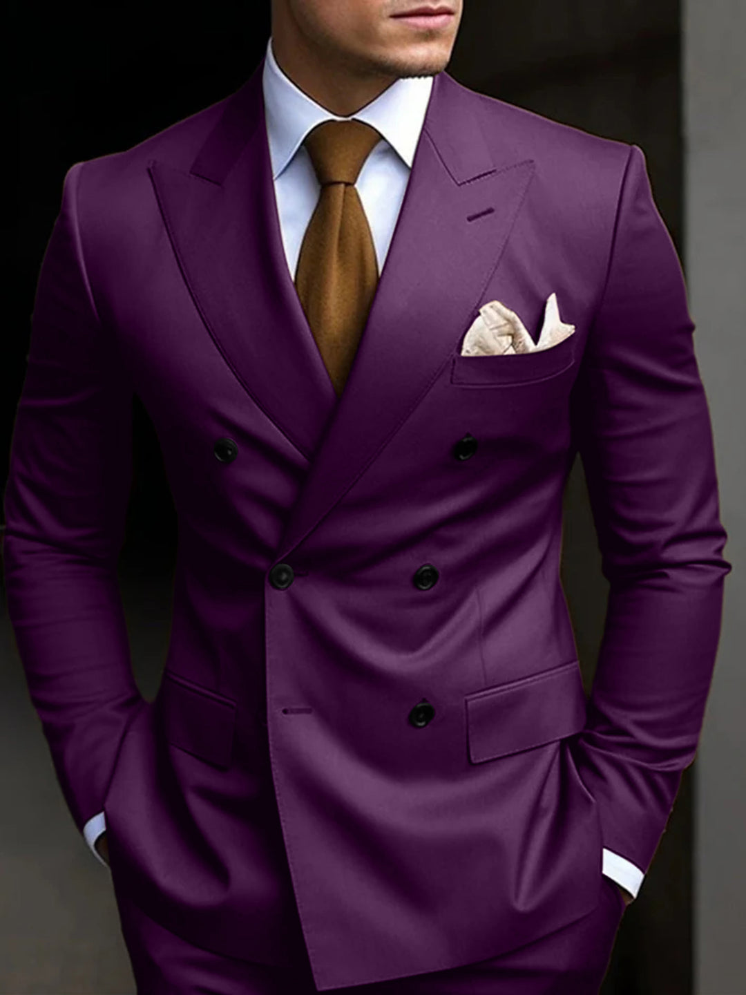 Men's Tailored Fit Double Breasted Six-buttons 2 Pieces Solid Coloured Wedding Suits