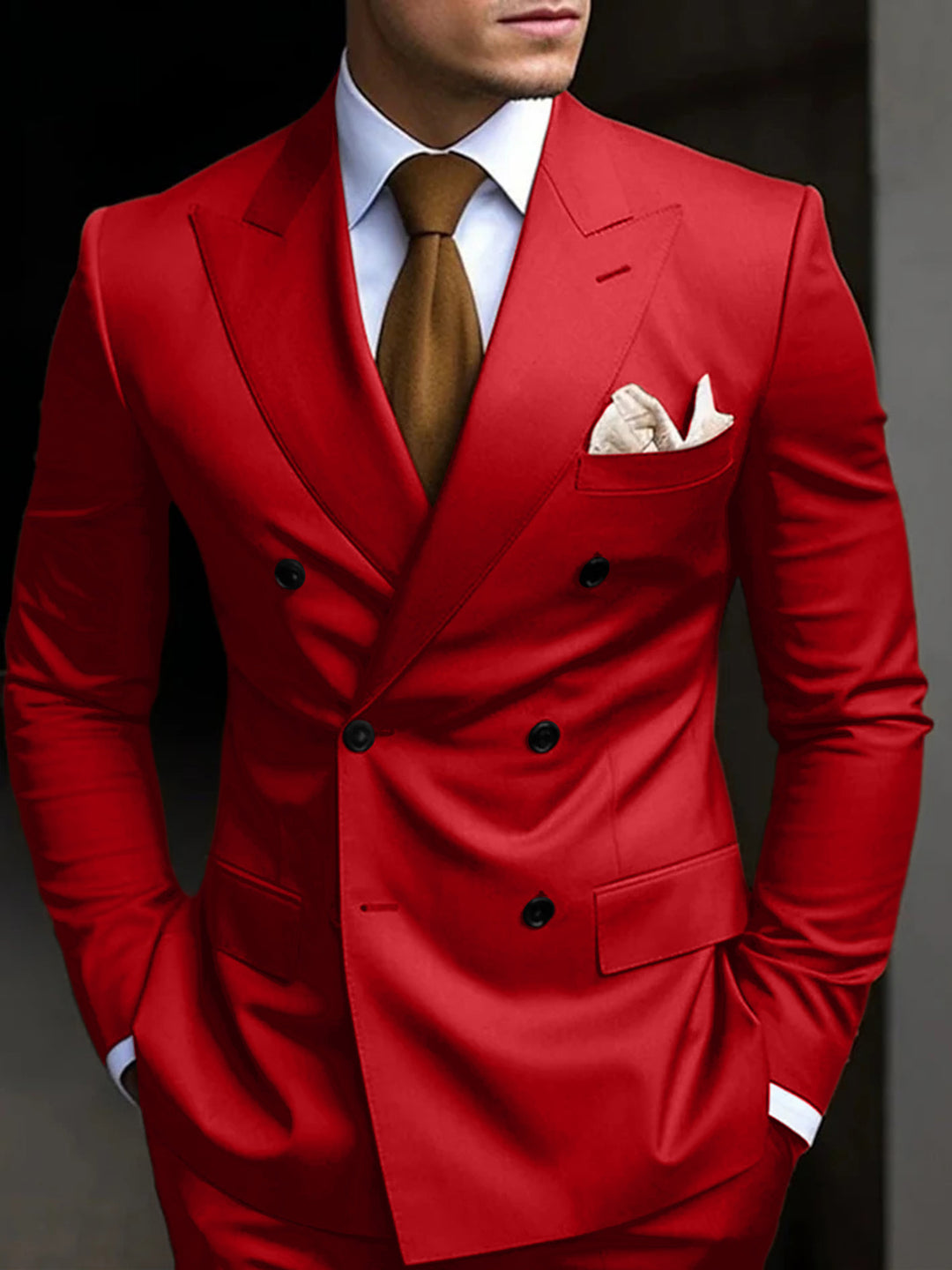 Men's Tailored Fit Double Breasted Six-buttons 2 Pieces Solid Coloured Wedding Suits