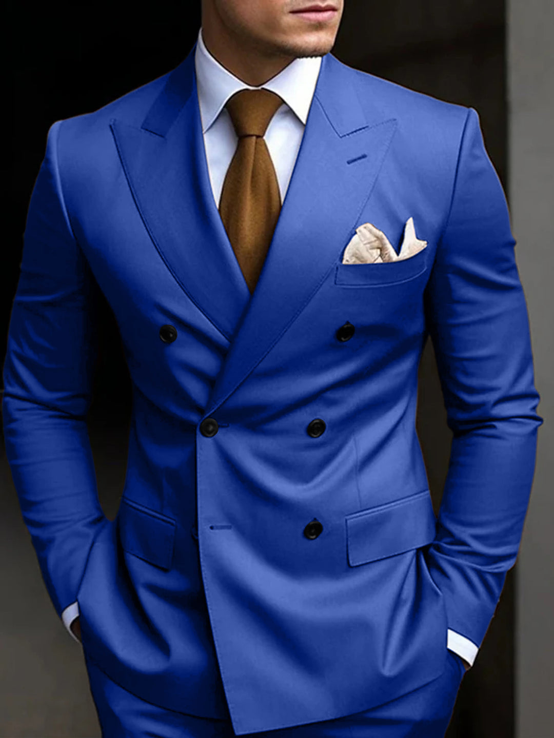 Men's Tailored Fit Double Breasted Six-buttons 2 Pieces Solid Coloured Wedding Suits