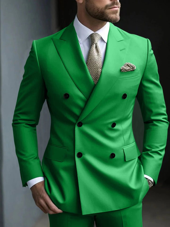 Green Men's Tailored Fit 2 Pieces Solid Coloured Double Breasted Six-buttons Party Suits