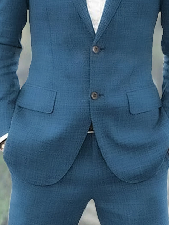 Men's Tailored Fit Single Breasted Two-buttons 2 Pieces Solid Coloured Linen Suits