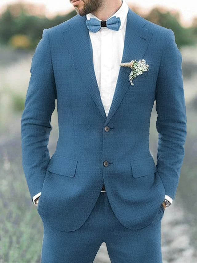 Men's Tailored Fit Single Breasted Two-buttons 2 Pieces Solid Coloured Linen Suits