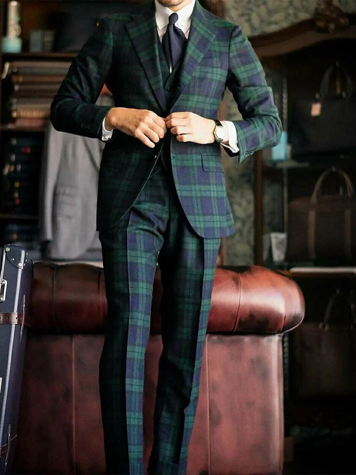 Dark Green Men's Tailored Fit Single Breasted Two-buttons  3 Piece Plaid Wedding Suits