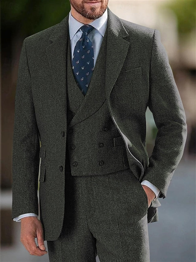 Men's Tailored Fit Single Breasted Two-buttons 3 Pieces Wedding Tweed Suits